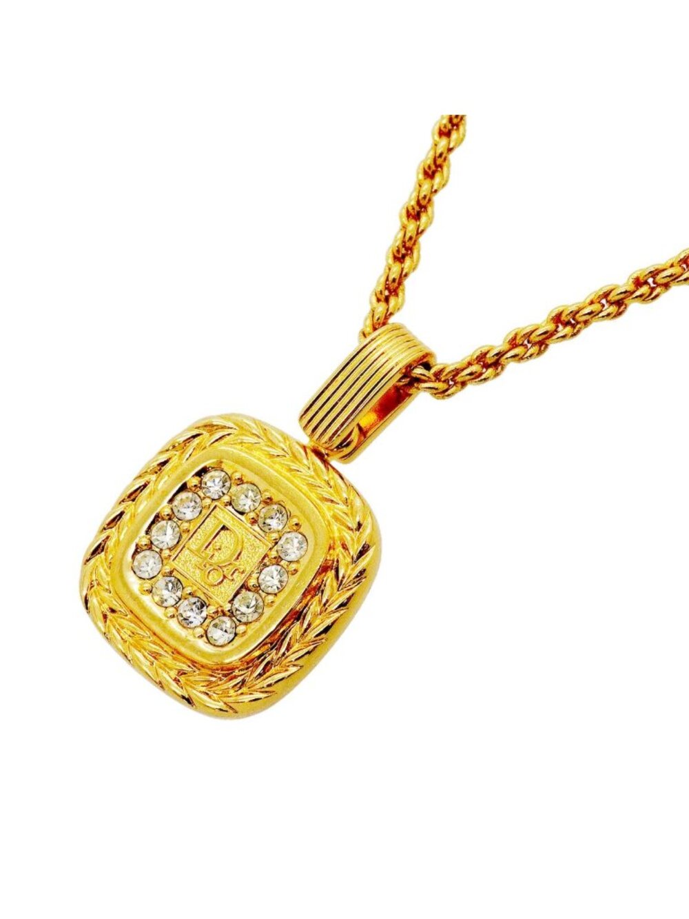 Dior Necklace Logo Square Gold Plated Rhinestone